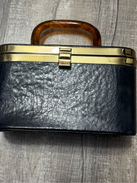 Handbags - Vintage Black Train Case with Tortoiseshell Handle and Gold Trim